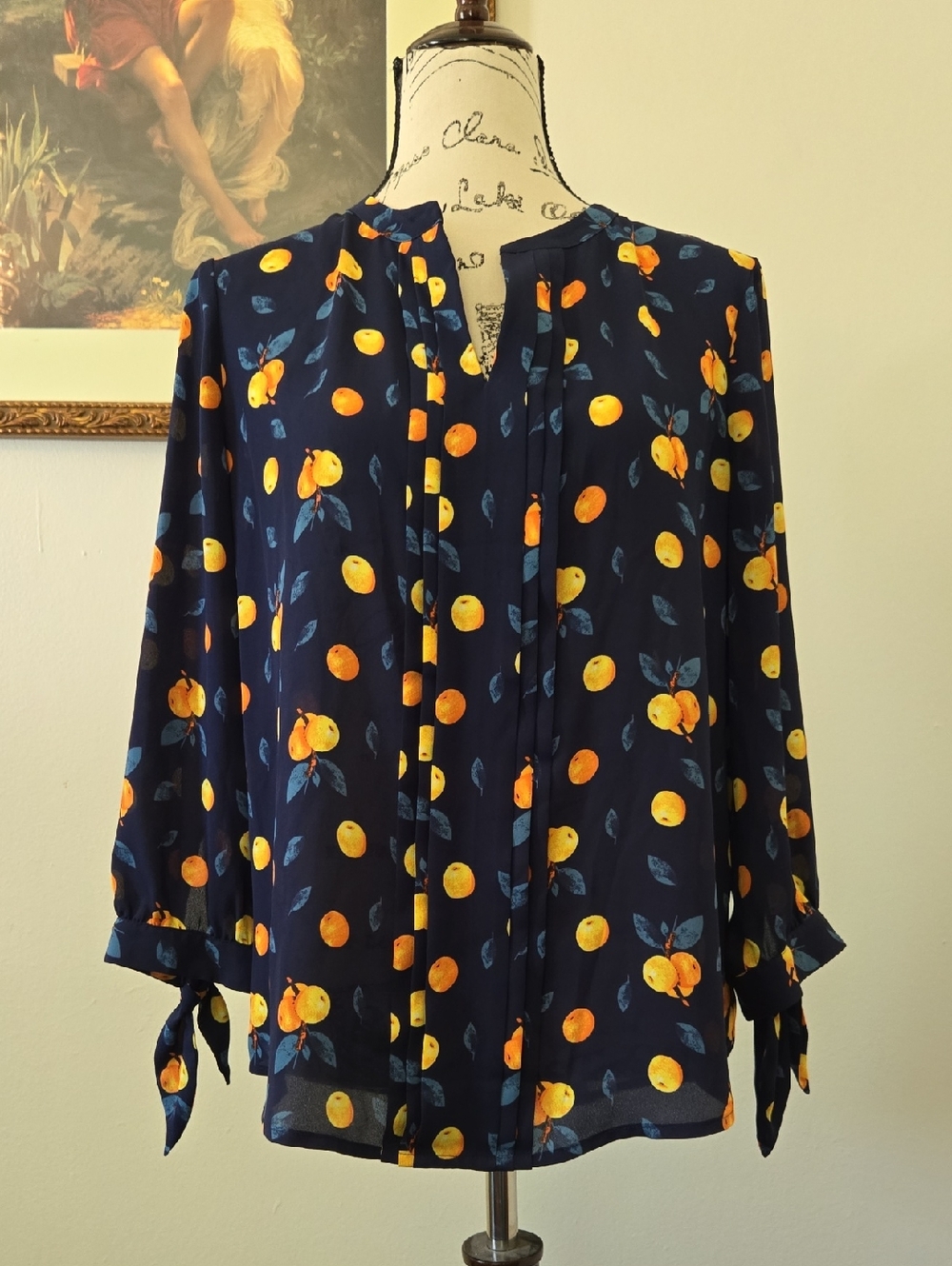 41 Hawthorne Navy Citrus Print Tie-Sleeve Blouse